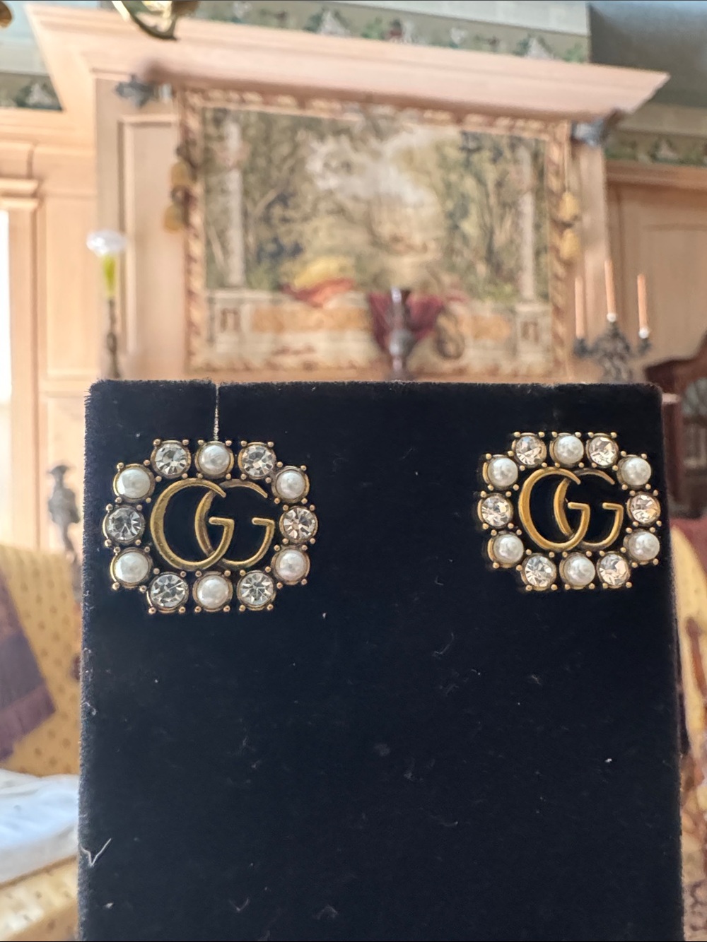 earrings antique Gold-Tone Pearl & Crystal  Stud Earrings signed in back - Picture 3 of 6
